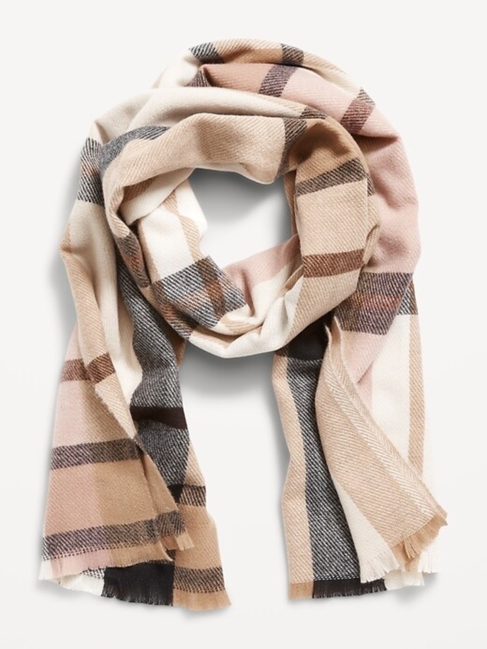 Old Navy Classic Camel Plaid Flannel Large Wrap Scarf Pink Beige Tan Tartan Soft